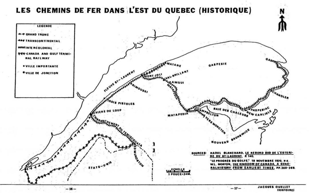 Carte historique des chemins de fer dans l'est du Québec